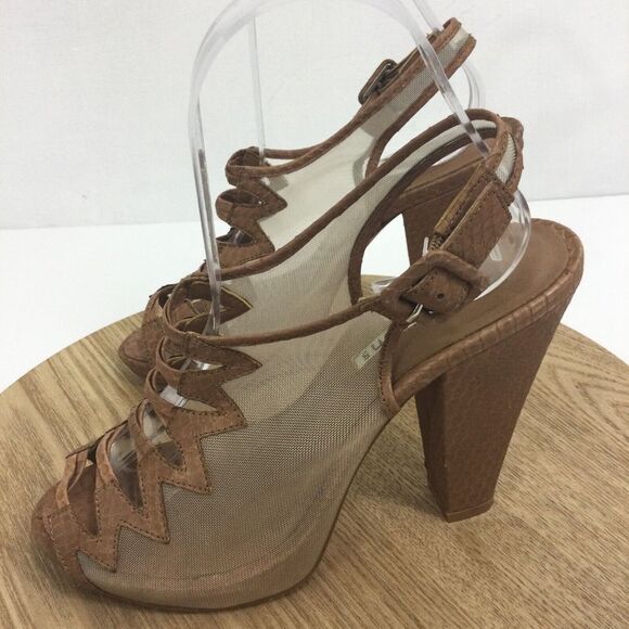 Reed Evins Anthropologie Women Mesh Leather Reptile Open Toe Heels Tan Ivory 7.5 - Picture 4 of 16